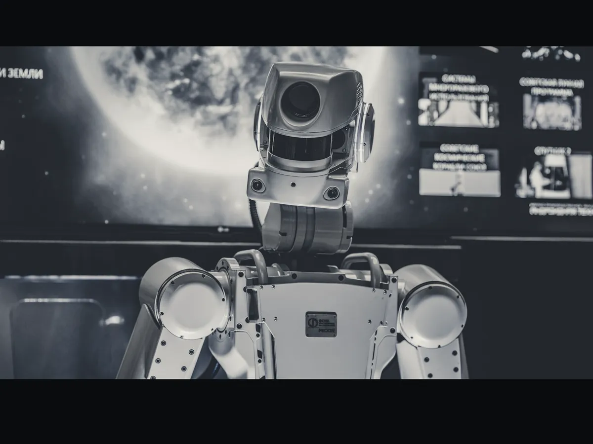 A humanoid unit standing in front of an illuminated test console in a darkened environmental chamber.